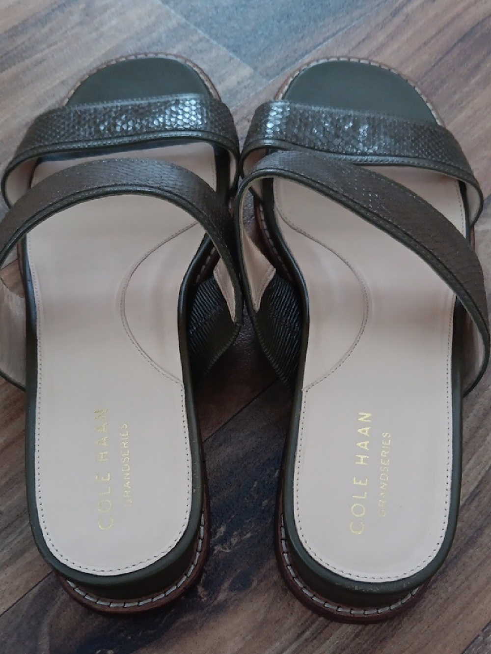 Cole Haan Olive Green  Embossed Leather Double-Strap Slide Sandals - Picture 4 of 5
